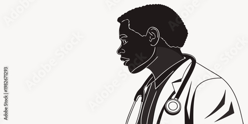 Minimalist black and white vector silhouette of a focused male doctor profile with a stethoscope physician medicine healthcare silhouette stethoscope professional hospital practitioner