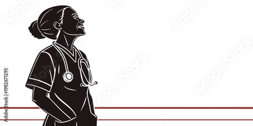 Stylized graphic illustration of a happy female nurse looking up with hope and confidence healthcare medicine stethoscope hospital professional practitioner illustration silhouette