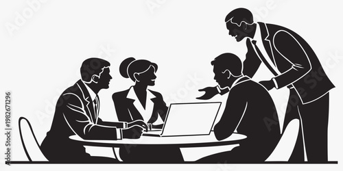 Business team having a meeting around a table using a laptop computer with business collaboration corporate teamwork discussion professional management strategy computer planning