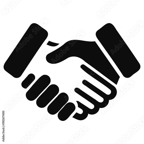 Minimalist vector graphic illustration of a professional handshake representing a successful business deal or partnership agreement between two people in corporate sectors