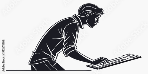 Graphic silhouette of a man leaning forward to type on a computer keyboard with keyboard computer silhouette business technology professional internet software developer programming