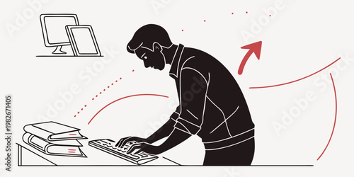 Man working at a computer desk with stacks of documents and abstract design elements computer keyboard documents business technology silhouette illustration abstract productivity