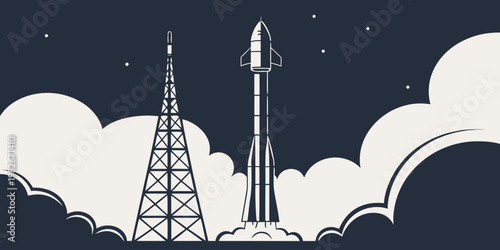 Stylized space rocket launch graphic illustration featuring launch tower and engine exhaust plume against night sky background exploration aerospace technology illustration propulsion