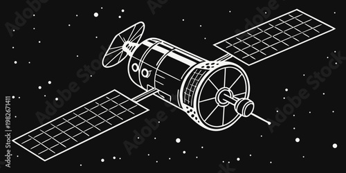 Isometric satellite space station graphic with solar panels and communication dish against dark starry sky background satellite communication technology illustration orbiting astronomy