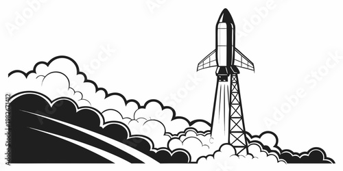 Detailed launch graphic of space rocket from pad with extensive smoke cloud and exhaust trail vector illustration exploration technology illustration aerospace engineering universe