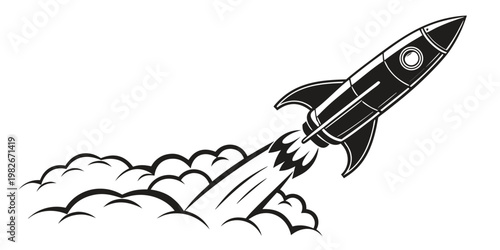 Minimalist rocket ship taking off into space vector graphic with smoke plume trail and high speed motion effect exploration technology illustration aerospace engineering universe isolated