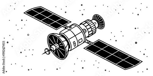 Minimalist isometric satellite graphic illustration featuring solar array wings and satellite dish in outer space satellite communication technology illustration orbiting astronomy
