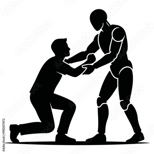 Minimalist black vector graphic illustration depicting a human man interacting with an advanced humanoid robot while engaging in a deep collaborative relationship