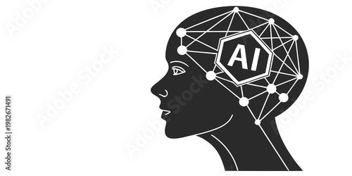 Ai concept in human head silhouette with neural network overlay artificial intelligence machine learning black and white silhouette technology algorithm connection cognition innovation