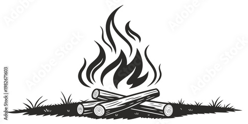 Minimalist graphic illustration of a burning campfire with wood logs campfire adventure illustration monochrome wilderness vacation recreation outdoors backcountry