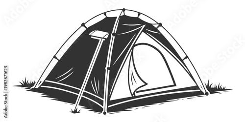 Vector graphic illustration of a camping tent in nature with adventure vacation wilderness illustration monochrome recreation backcountry equipment landscape outdoors exploration