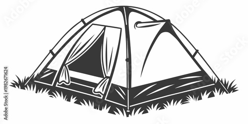 Camping tent with open flap on grass vector illustration adventure campsite equipment vacation recreation mountain exploration lifestyle background illustration monochrome isolated