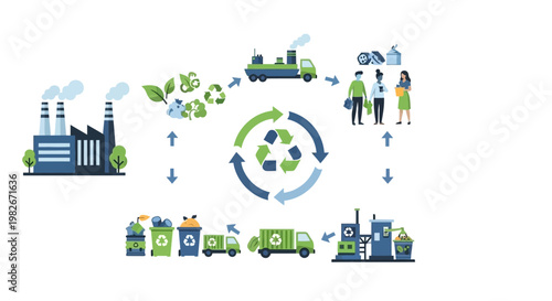 Illustration of a circular economy model showing waste collection, recycling, and reuse processes from production to consumption.