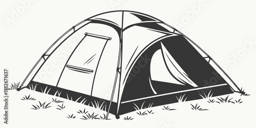 Camping tent graphic illustration isolated on white background with adventure campsite equipment vacation recreation mountain exploration lifestyle background illustration monochrome