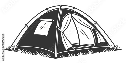 Camping tent in the wilderness isolated on white background with adventure recreation vacation equipment campsite mountain exploration lifestyle background illustration monochrome