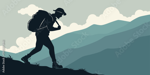 Silhouette illustration of a lone hiker with a backpack trekking across rugged mountain terrain mountain backpack trekking silhouette adventure expedition explorer landscape climbing