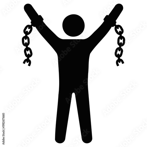 Canvastavla Minimalist vector graphic illustration of a happy liberated person breaking heav