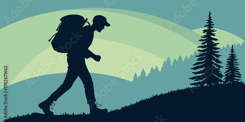 Silhouette of a man wearing a cap and backpack walking through a pine forest landscape with backpack silhouette trekking adventure landscape woodland expedition explorer wilderness