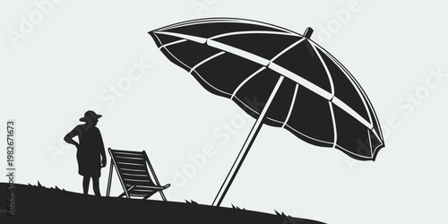 Silhouette illustration of a person standing next to a beach chair under a large parasol with umbrella sunshade silhouette vacation relaxation lifestyle sunbathing furniture enjoyment