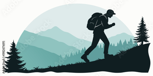 Hiker walking up a mountain path with pine trees mountains backpack adventure trekking traveler climbing exploration lifestyle landscape wilderness backpacking illustration activity
