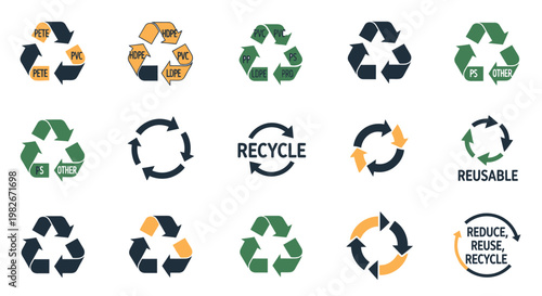 A collection of diverse recycling symbols and circular economy icons, including arrows, text, and material codes, on a white background.