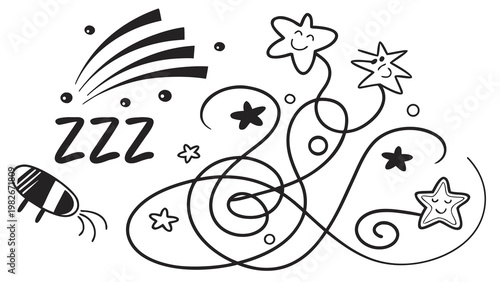 Nighttime sleep themed doodle graphic with sleeping stars and zzz text character nighttime nightsky creative illustration abstract ornament stylized background backdrop whimsical