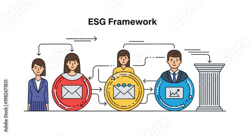 Illustration of an ESG Framework showing interconnected people and a pillar representing governance, with communication and data flow in a business context.