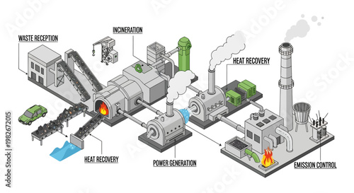 Isometric diagram illustrating the process of a waste-to-energy incineration plant, showing waste reception, heat recovery, power generation, and emission control.