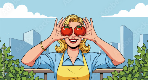Retro pop art woman holding tomatoes over eyes, happy urban gardener in comic book style, blonde woman with fresh vegetables on city balcony
