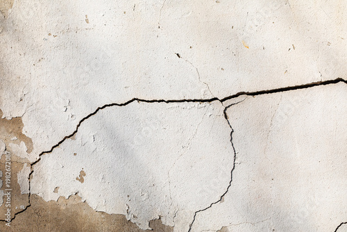 weathered white concrete wall with deep horizontal crack and texture