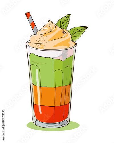 Multi layered green and orange fruit smoothie with mint leaf garnish in a tall glass cup - Vector Illustration