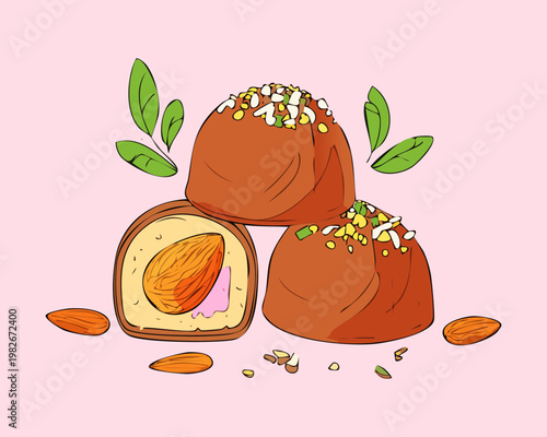 Sweet chocolate dessert balls with strawberry cream filling and mint leaf garnish for a cafe - Vector Illustration
