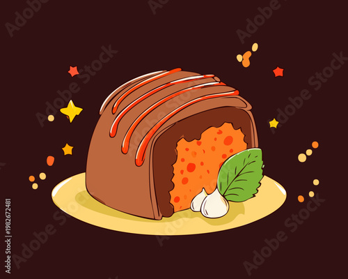 Gourmet chocolate dessert with orange cream and gold leaf decoration for a luxury sweet treat - Vector Illustration