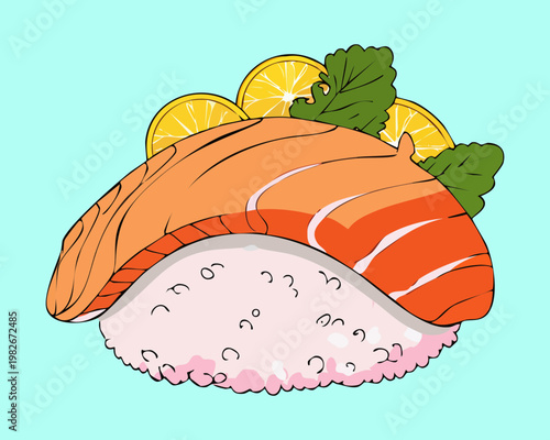 Salmon sushi nigiri with lemon slice and herb garnish for a fresh japanese seafood dish - Vector Illustration