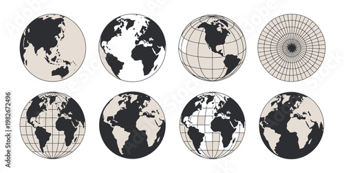 Globe icons black set flat style world map vector template Earth hemispheres with continents geography symbol clean modern illustration