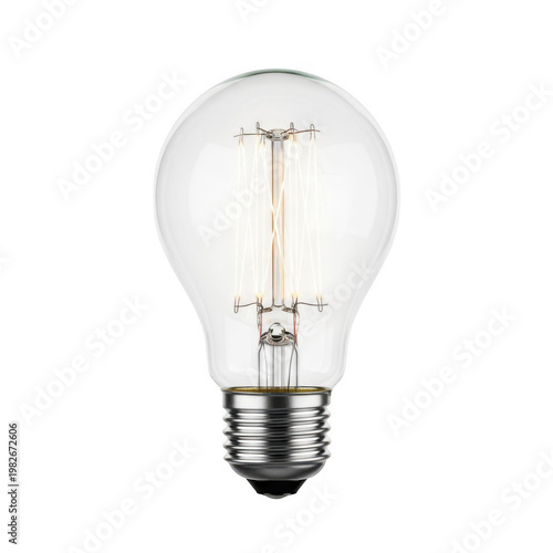 A classic clear glass incandescent light bulb featuring a visible thin vertical glowing filament