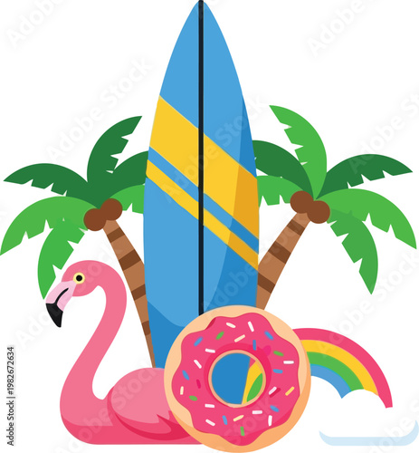 Summer vacation tropical beach surfboard flamingo floatie donut palm trees