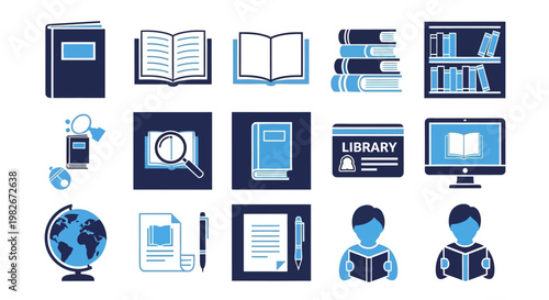 Collection of Flat Icons: Books, Reading, Library, Globe, Education and Knowledge