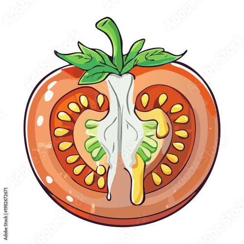 Fresh red tomato slice with green stem for organic vegetable salad and healthy cooking - Vector Illustration