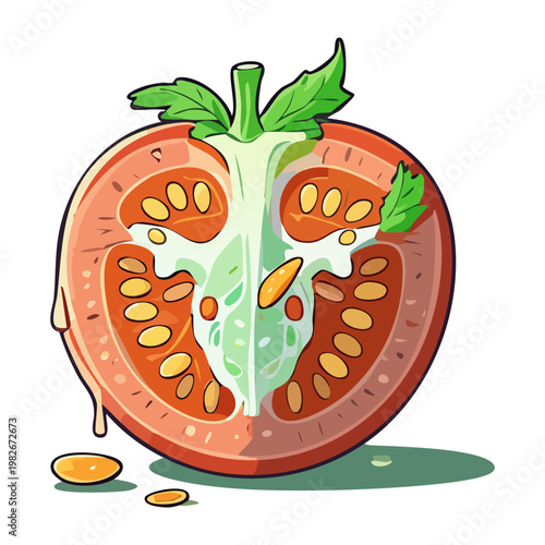 Sliced fresh red tomato showing seeds and juicy texture for healthy vegetable cooking - Vector Illustration