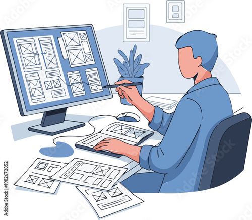 Professional digital designer working on mobile application interface wireframes using a stylus and computer monitor in a modern studio environment