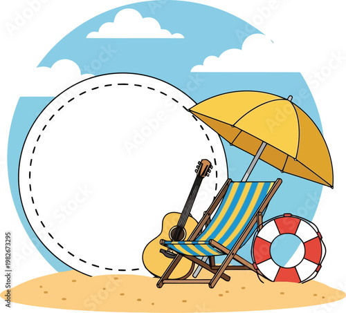 Beach vacation background with chair, umbrella, guitar, and lifebuoy on sandy shore by sea
