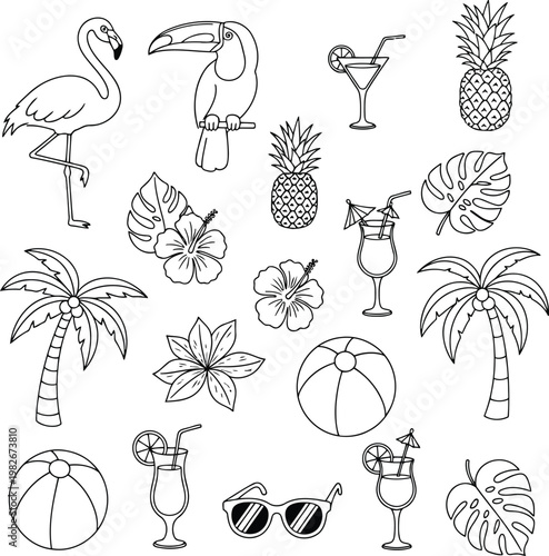 Tropical summer vacation icons set with palm trees, cocktails and exotic birds
