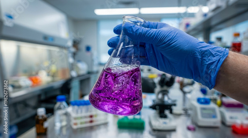 Scientist holding an erlenmeyer flask with purple liquid in a laboratory