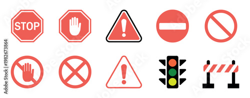 Red warning and prohibition signs set including stop hand danger no entry traffic light barrier icons flat vector safety alert construction traffic design
