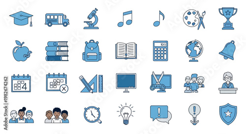 Education Icons Set: School, Learning, Knowledge, Science, Art, Music, Business