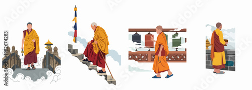 Set of flat illustrations showing Buddhist monks in saffron robes engaged in spiritual activities like walking, praying, and meditating in the clouds.