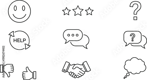 Customer feedback help support rating communication satisfaction editable stroke outline vector icon set with chat handshake review symbols