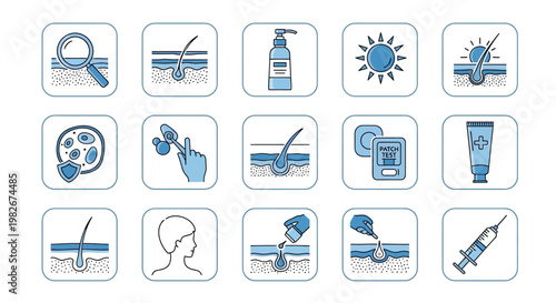Dermatology Icons: Skin Care, Hair Growth, Sun Protection, Allergy Tests