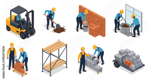 Construction Workers Building Site. Construction Industry. Isometric Style. Vector Illustration. Construction workers building site.
